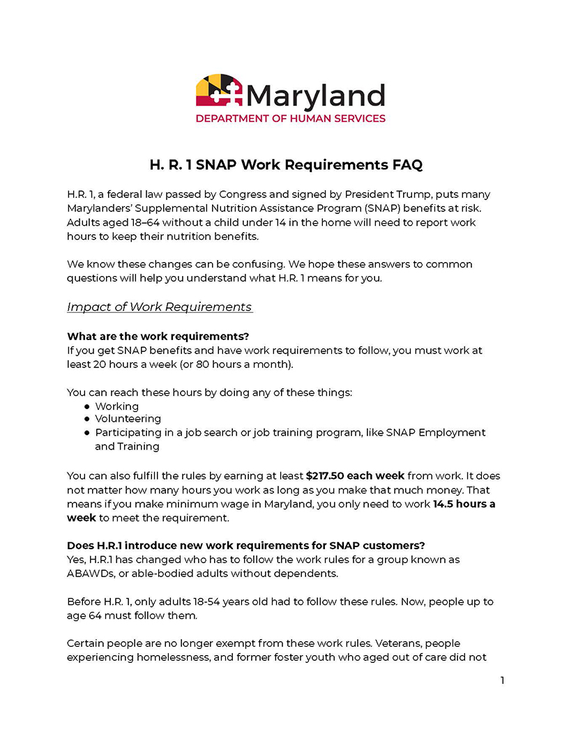 H. R. 1 SNAP Work Requirements FAQ