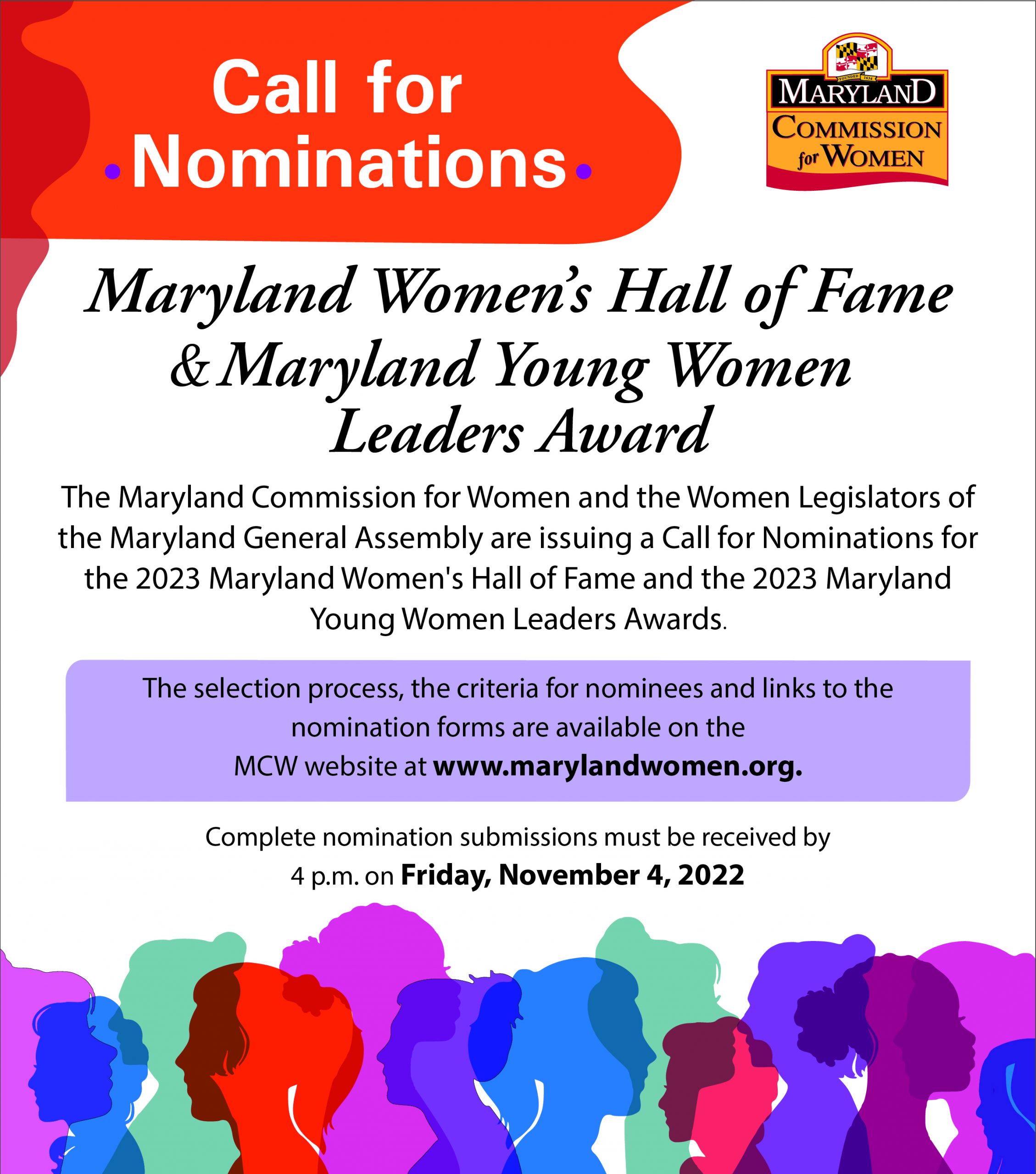 Nominations for Maryland Women's Hall of Fame & Maryland Young Women Leaders Awards due by Friday, Nov. 4, 2022 at 4 PM
