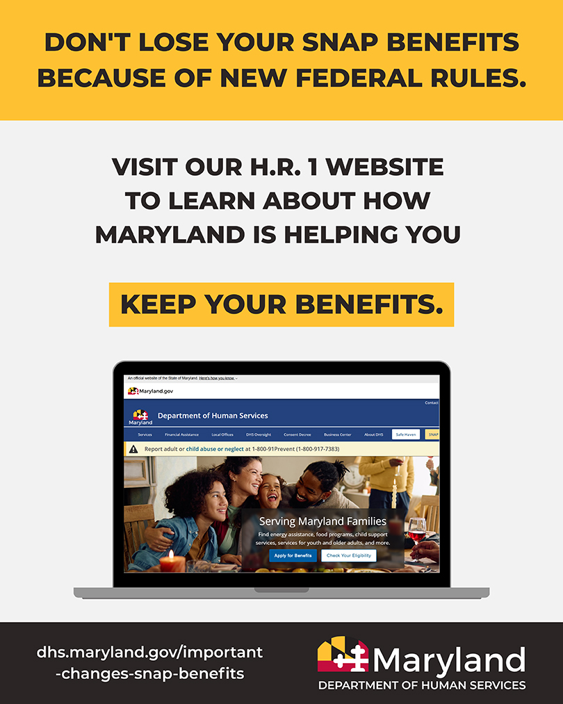 A Flyer describing how to get to maryland Dept. of Human Services HR 1 updates website